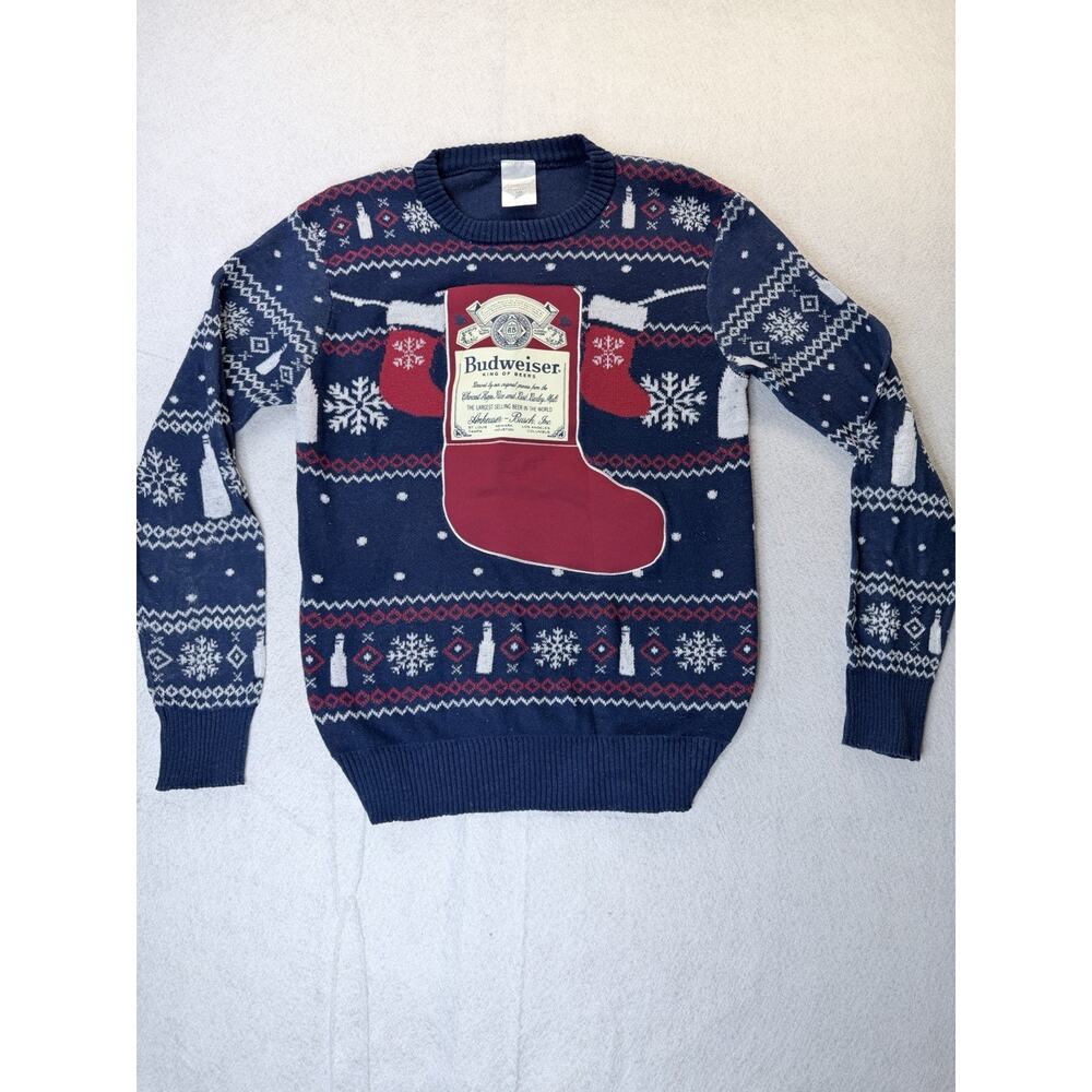 Budweiser Ugly Christmas Sweater Beer Stocking Graphic Knit Men’s LG